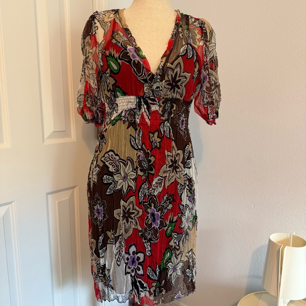 Kaos Red and Black Sheer Wrap Midi Dress Puff Sleeve V-Neck